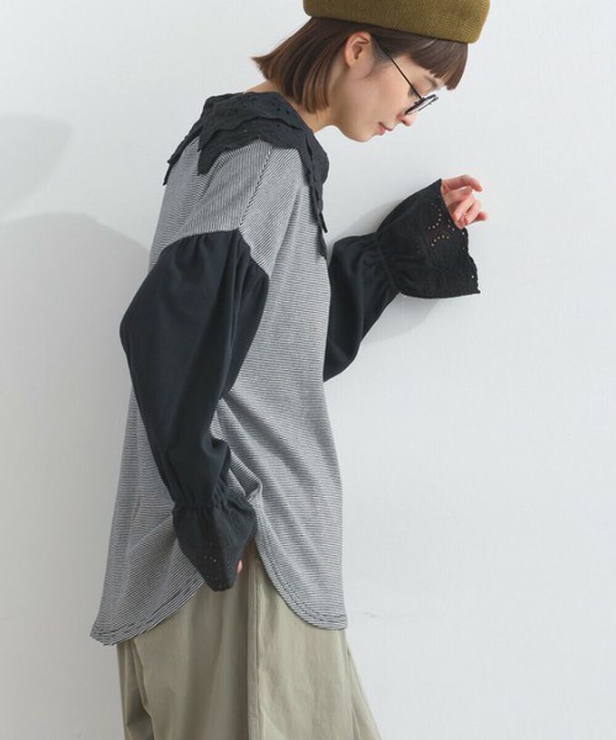 日本 Lupilien - 精緻蕾絲領落肩喇叭袖上衣-淺灰