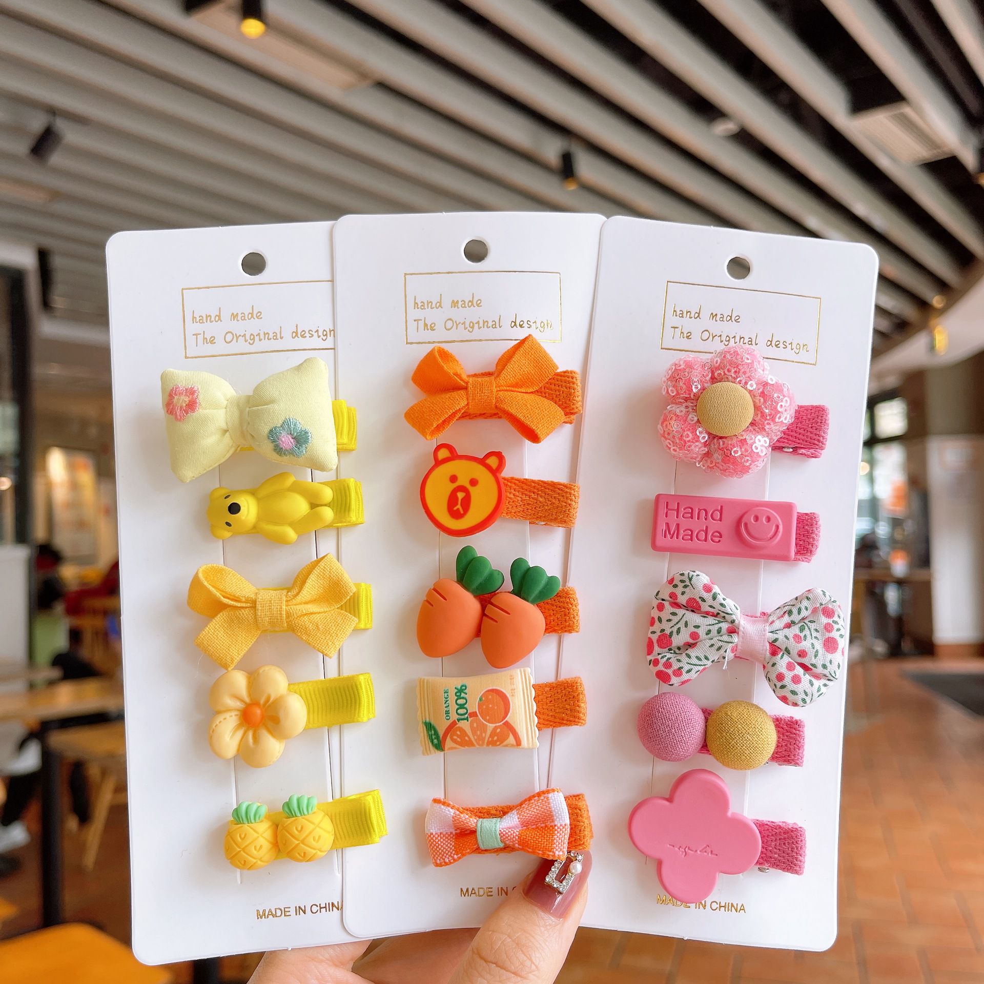 可愛全包布兒童髮夾5入組-花花+蝴蝶結-粉色