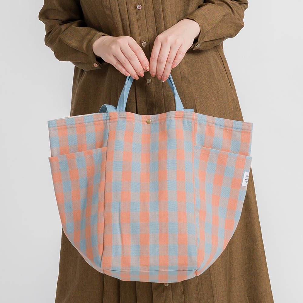 [定番]印度棉大容量2way手提包(15L)-藍橘格紋 (約34x46x20cm)