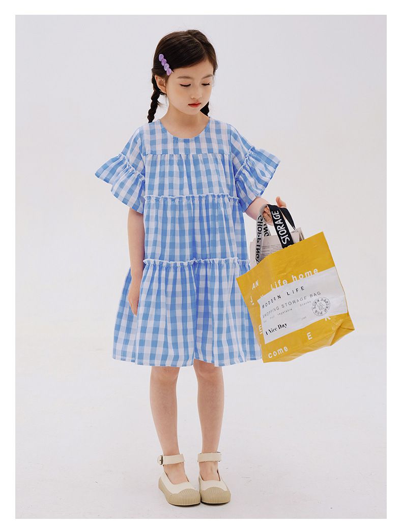 夏日風情拼接蛋糕裙洋裝-藍白格紋