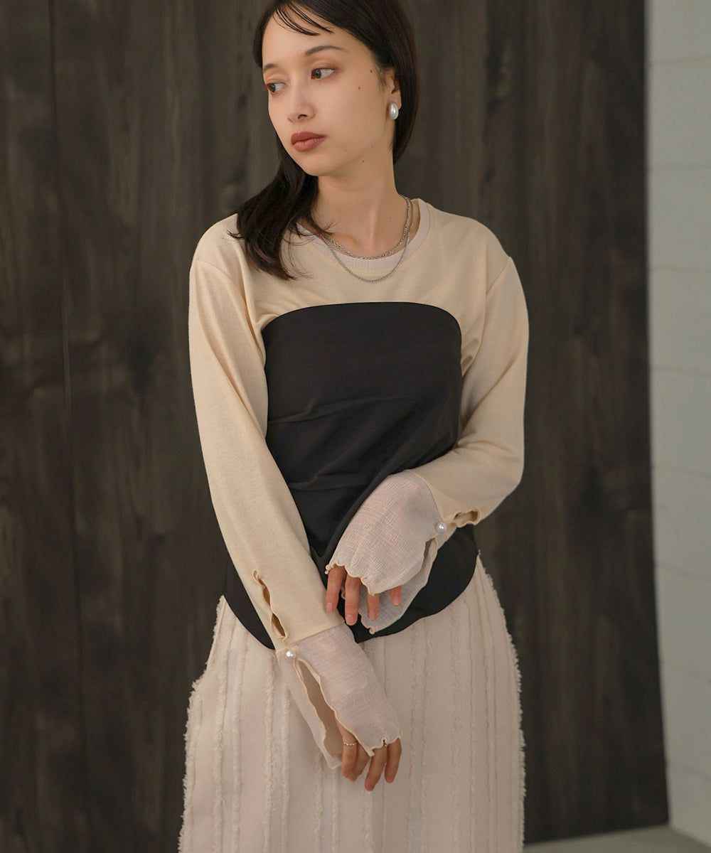 日本 Bab - 楊柳拼接珍珠薄長袖上衣-米杏