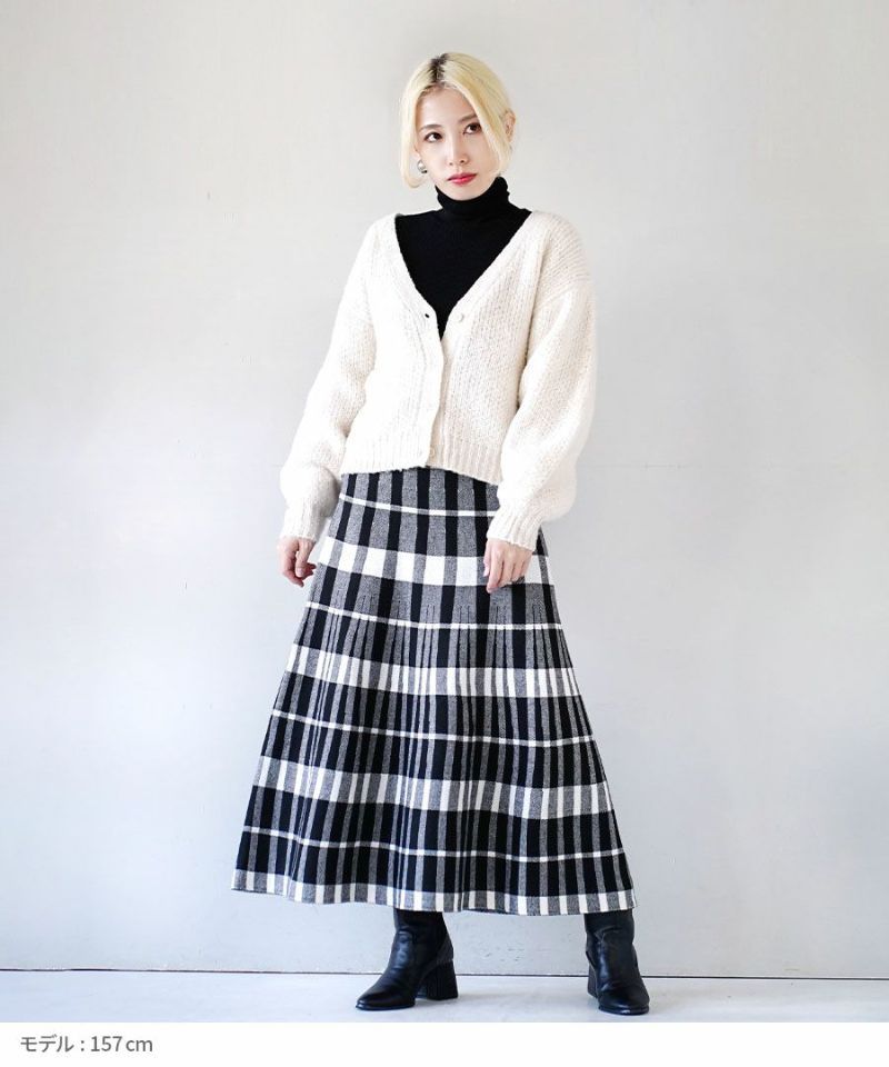 日本 zootie - 單色格紋百褶針織長裙-黑白-M