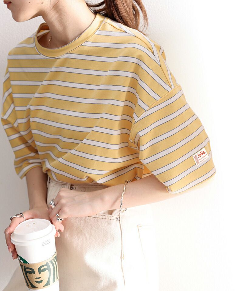 日本 Classical Elf - 圓領橫條紋落肩短袖上衣-淺卡其