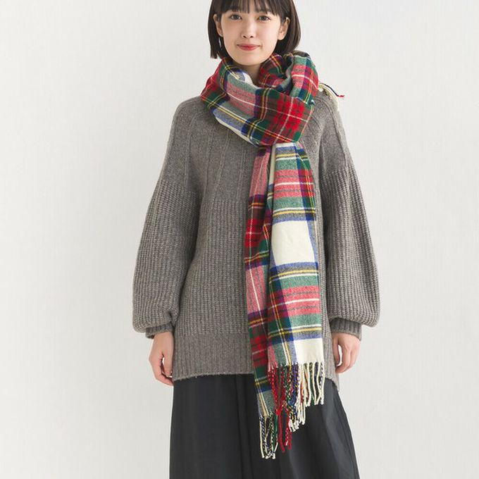 日本 OMNES - 羊毛混紡經典格紋圍巾披肩-B(灰x紅)