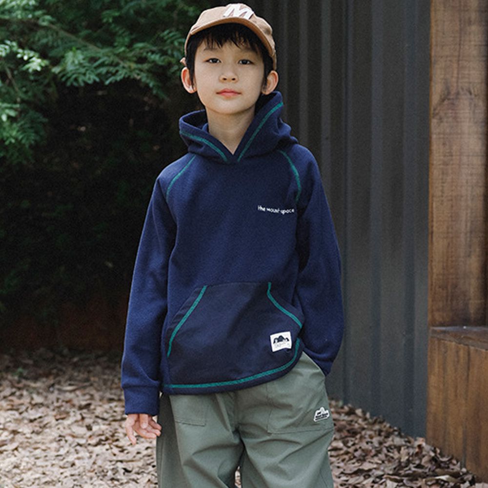 撞色車線搖粒絨長袖連帽上衣-藏青