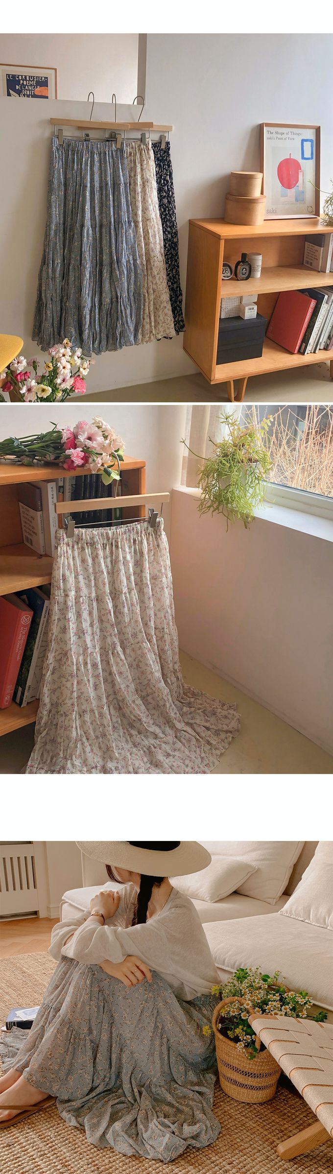 韓國女裝代購 - 鬆緊腰花朵印拼接蛋糕裙-象牙白 (FREE)