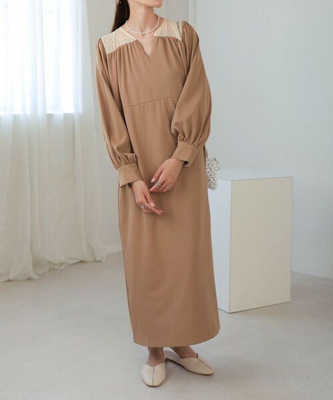 日本 Bab - 優雅蕾絲拼接背綁帶長袖洋裝-米