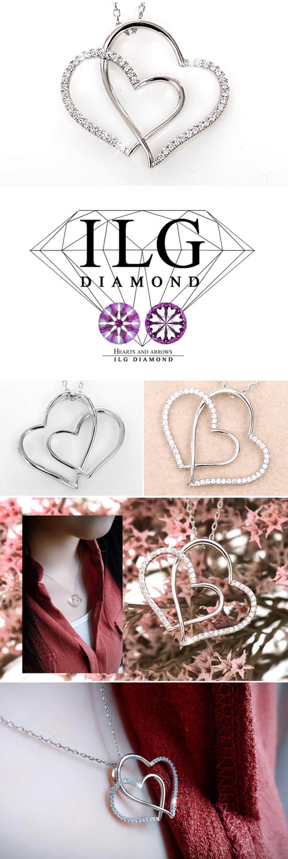 美國ILG鑽飾 - 真愛絮語 雙心設計-鑽飾第一品牌 唯一永久保固鑽體的名譽商家【NC093】-加贈高級珠寶級絨布盒1個-s925純銀外層電鍍頂級白K金，可戴著洗澡-墜子尺寸：2.5cm*2.2cm，16吋鍊子