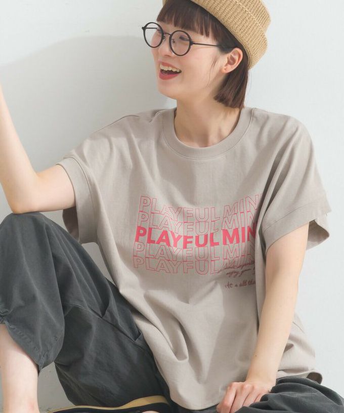 日本 Lupilien - 16OE天竺棉 法式英文標語短袖上衣-草綠