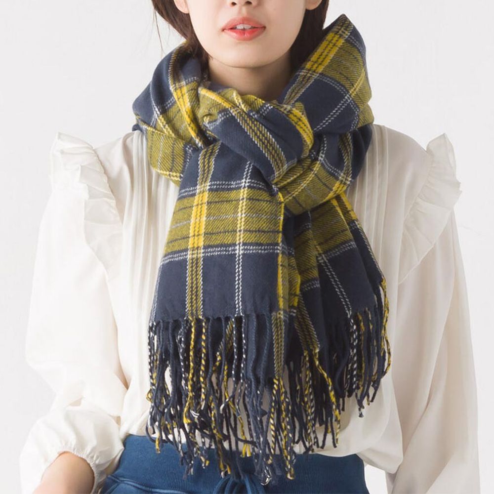 羊毛混紡經典格紋圍巾披肩-J(深藍x黃)