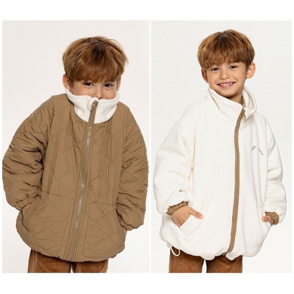 (可雙面穿)童趣羔羊絨X絎縫立領外套-卡其棕X米