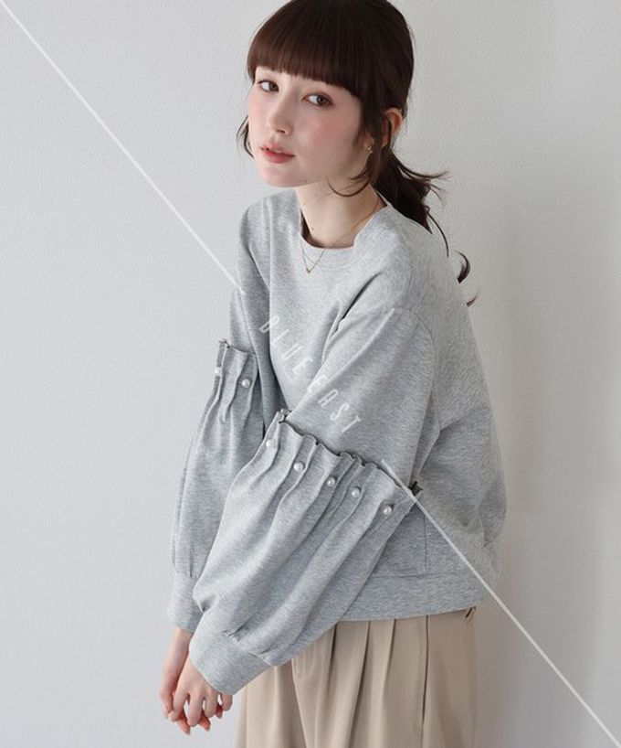 日本 BLUE EAST - 可愛珍珠皺摺造型寬版長袖上衣-黑