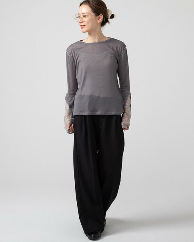 日本 gleam - 薄透合身蕾絲拼接長袖上衣-黑