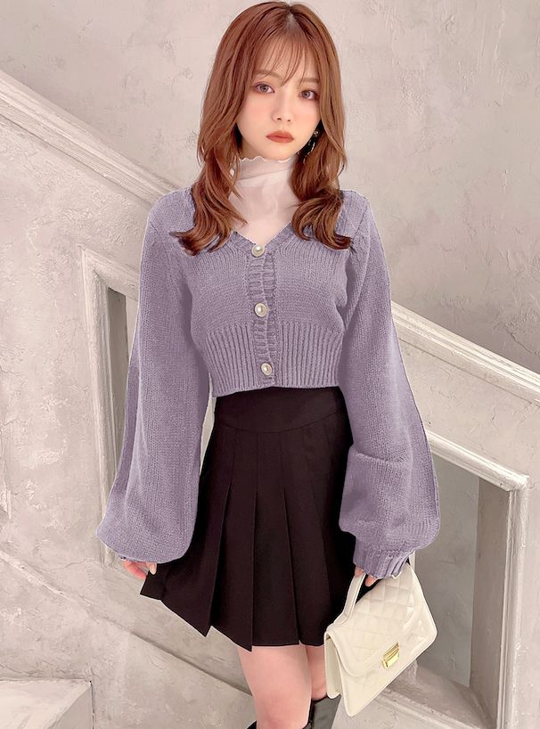 日本 GRL - 公主珍珠釦泡泡袖針織外套-天使白 (F)