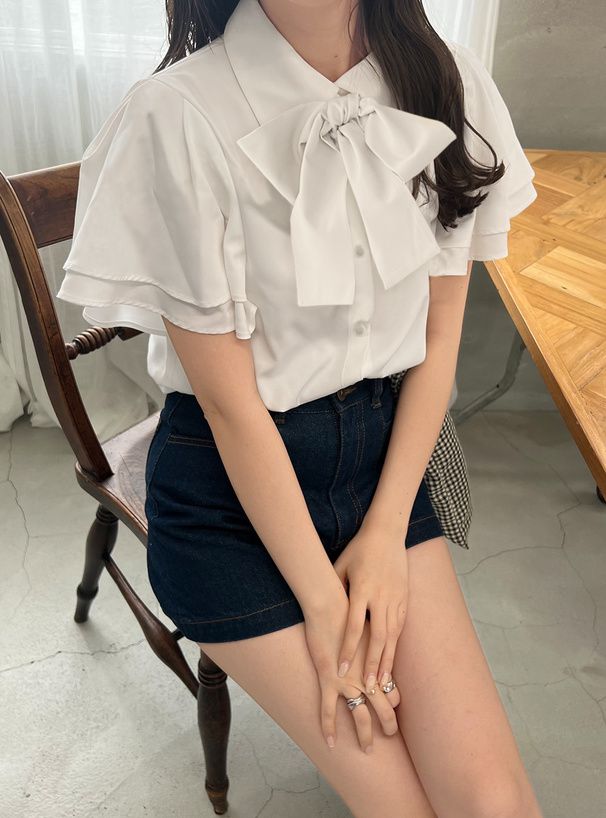 日本 GRL - 氣質蝴蝶結雙層袖雪紡上衣-淺橘粉