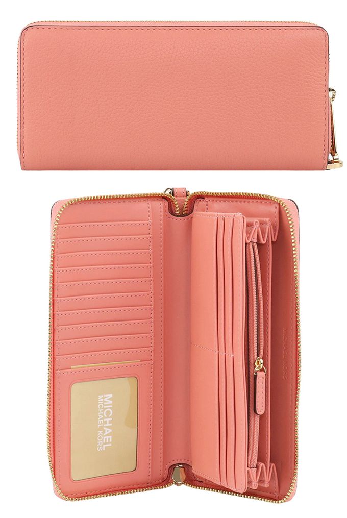 MICHAEL KORS - 鵝卵石紋皮革拉鍊長夾 (粉桔)