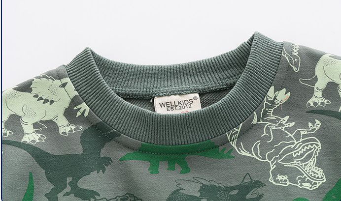 WELLKIDS - 加絨圓領長袖大學T套裝-迷彩恐龍-軍綠+深藍