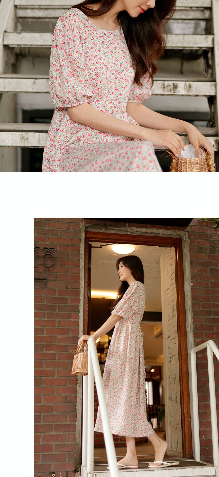 韓國 Urbantheroom - 春日小花朵泡泡袖縮腰長洋裝-天藍 (Free)