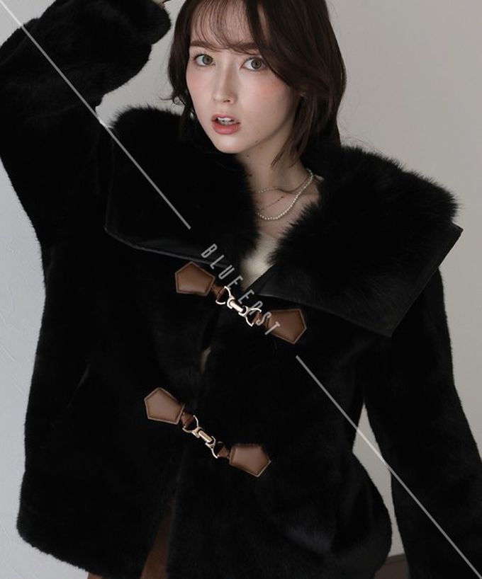 日本 BLUE EAST - 華麗注目皮草感大翻領金扣外套-咖啡