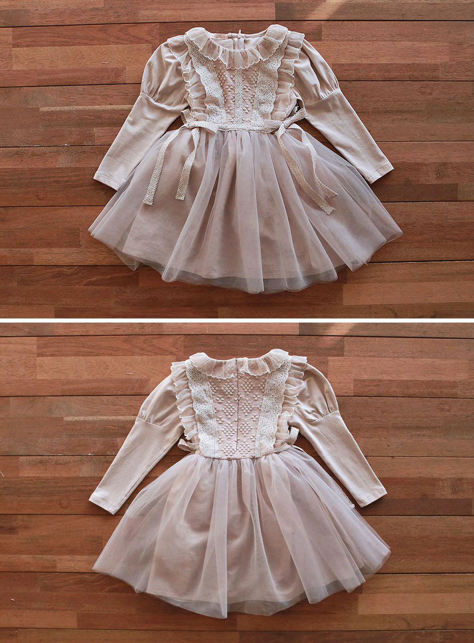 韓國 PuellaFLO - (剩13號)雕花荷葉裝飾公主袖網紗洋裝-藕粉