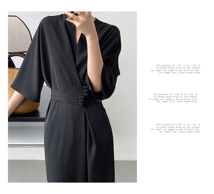 垂墜收腰綁帶直筒連衣裙-霧藍色