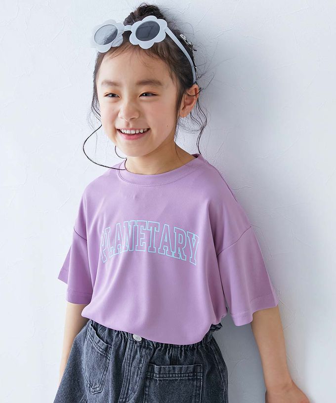 日本 devirock - 速乾網眼 女孩印花短袖上衣-背後英文logo-煙燻粉