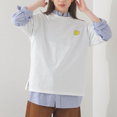 日本 OMNES - 純棉印花休閒短袖上衣-笑臉logo-白 (M)