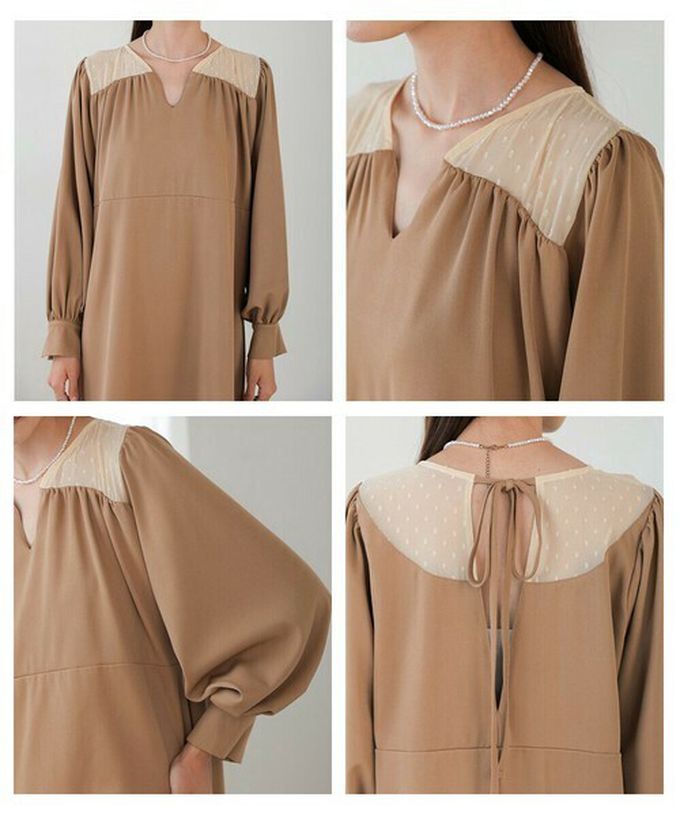 日本 Bab - 優雅蕾絲拼接背綁帶長袖洋裝-米