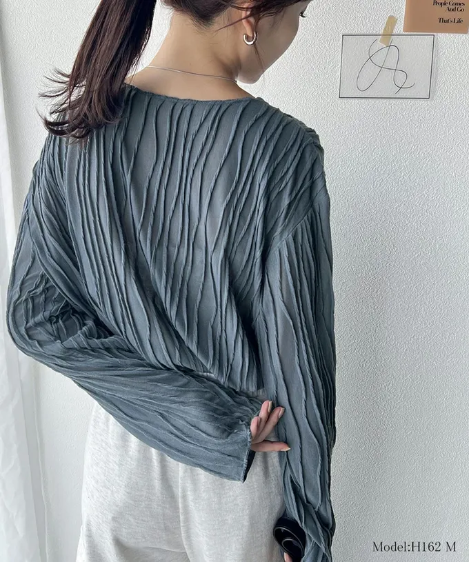 日本 Classical Elf - 圓領波紋透感長袖上衣-象牙白