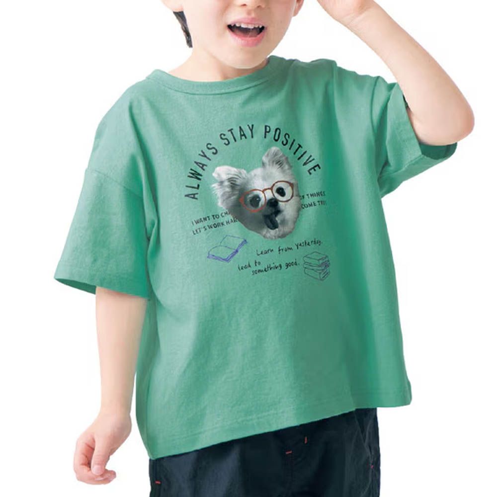 純棉薄涼動物印花短袖上衣-眼鏡狗狗-綠