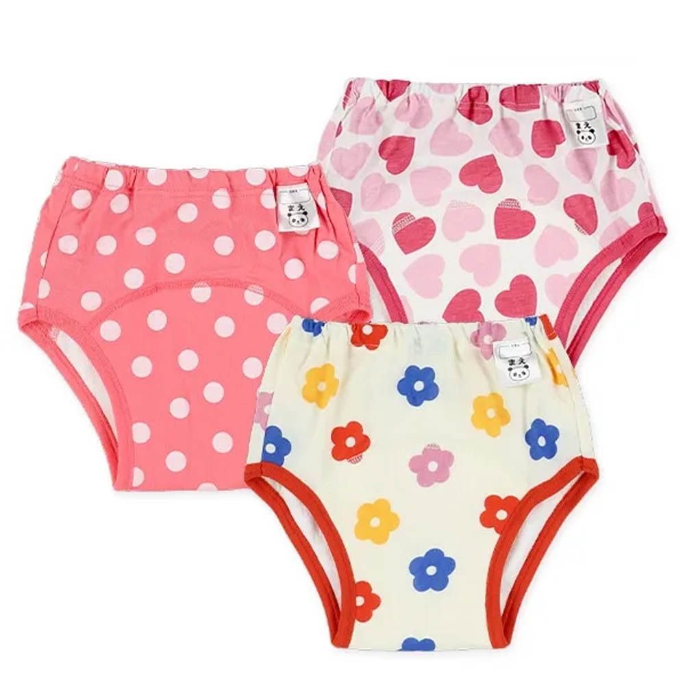 三層密縫式學習褲3件組-花朵愛心圓點-紅系