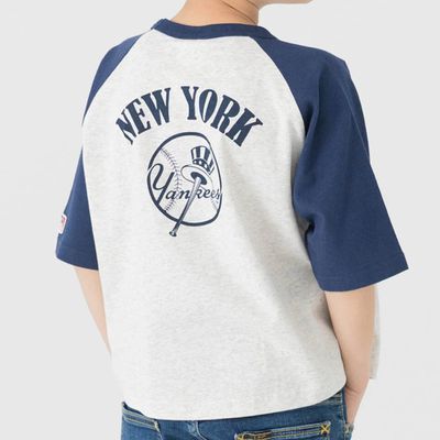 日本 Chil2 - MLB 撞色短袖上衣-紐約洋基-淺灰x深藍