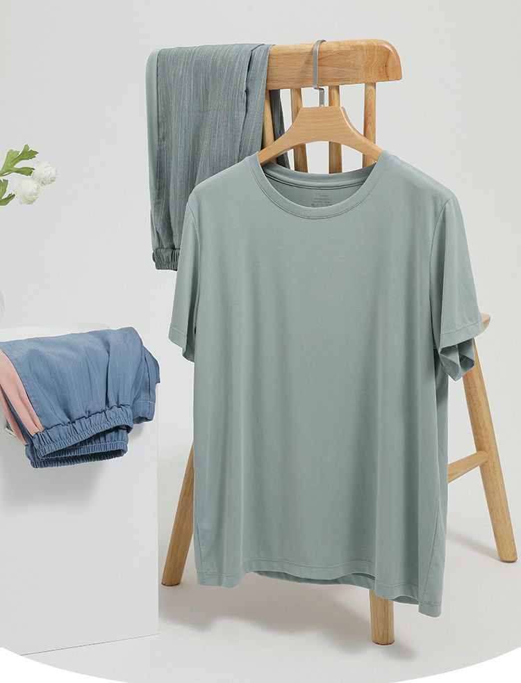 莫代爾圓領短袖家居服套裝-粉+藍