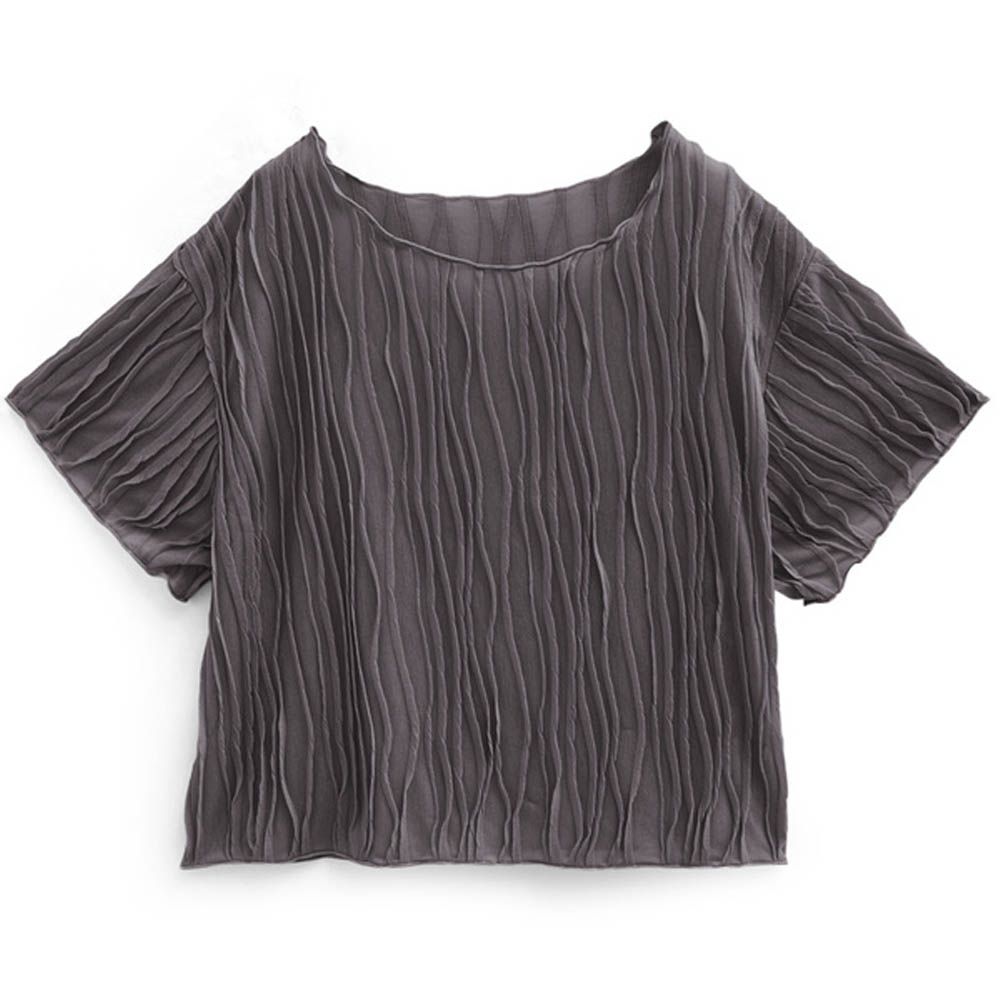 波浪紋理微透膚五分袖上衣-炭灰 (F)