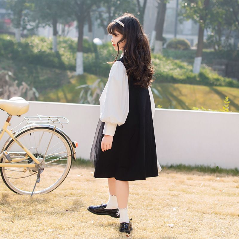 泡泡袖襯衫吊帶裙套裝-黑+白