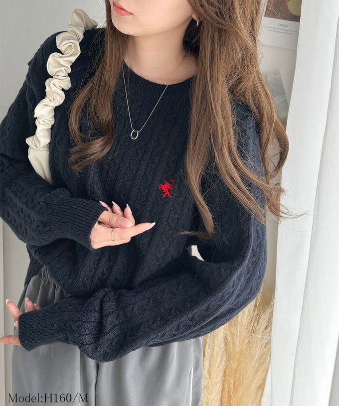 日本 Classical Elf - 刺繡logo 優雅學院風麻花針織上衣-海軍藍