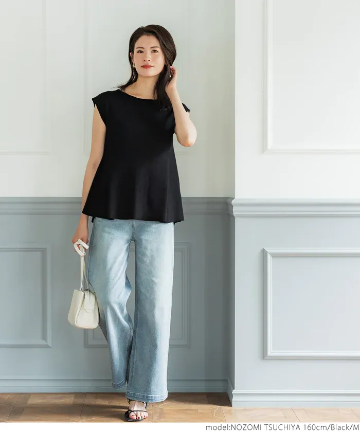 日本 COCA - 珍珠點綴羅紋彈性法式袖上衣-磚紅