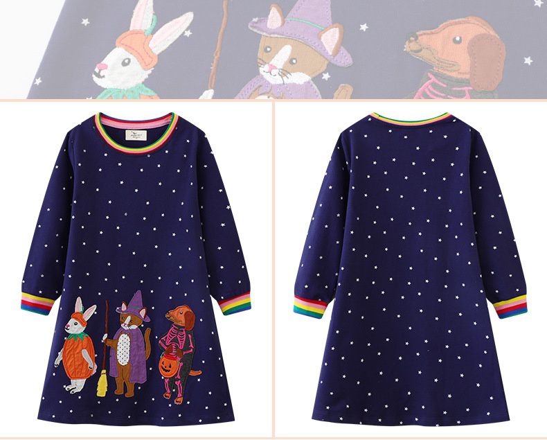 Jumping meters - 棉質圓領長袖連身洋裝-萬聖動物裝扮-深藍色