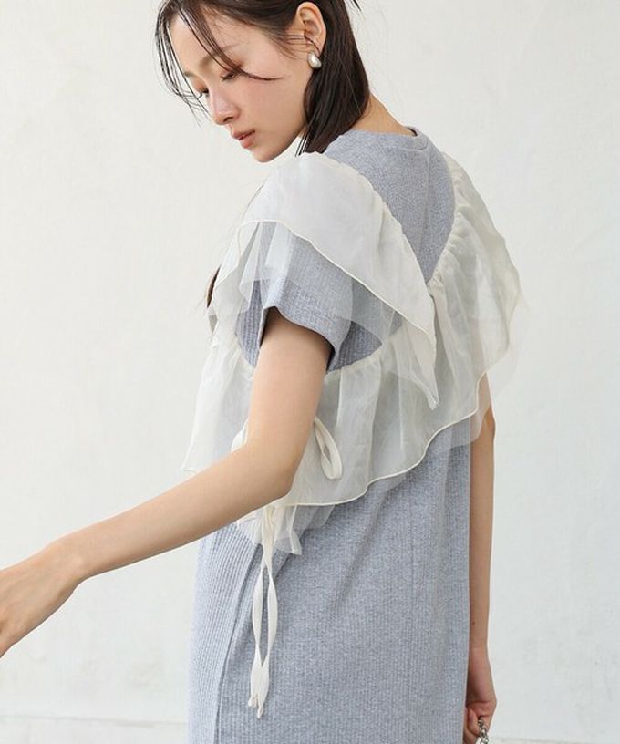 日本 Bab - 不對稱交叉薄紗拼接短袖洋裝-黑