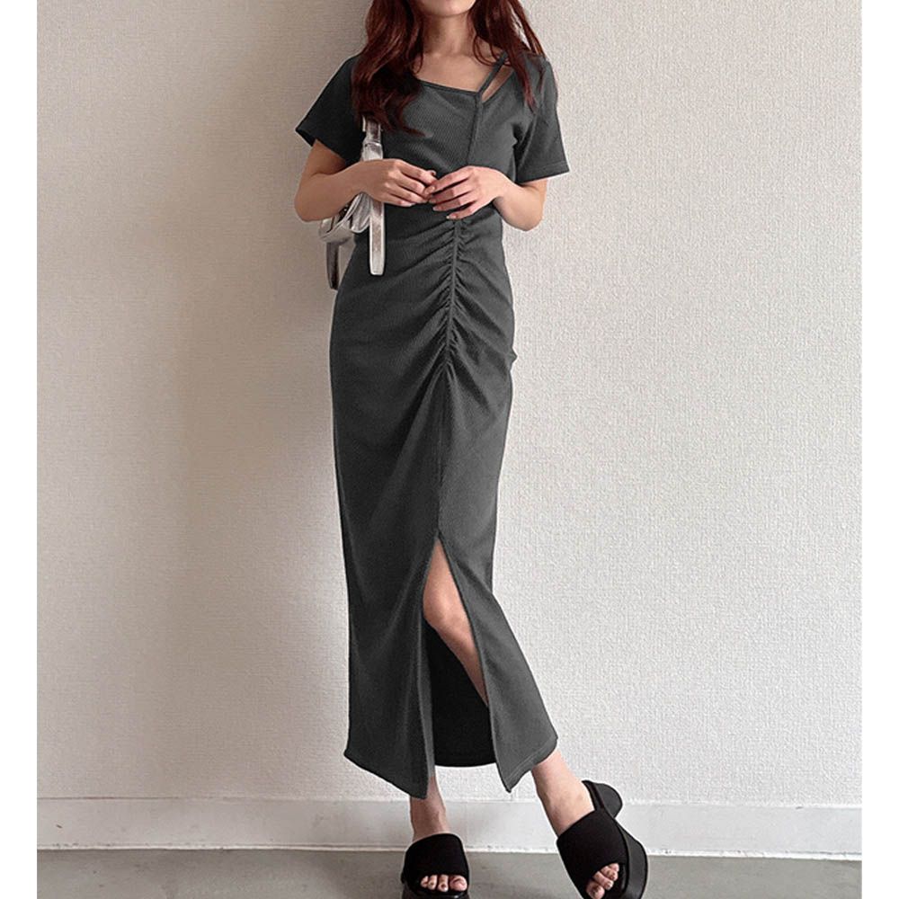 不對稱皺摺亮麗開叉短袖洋裝-灰