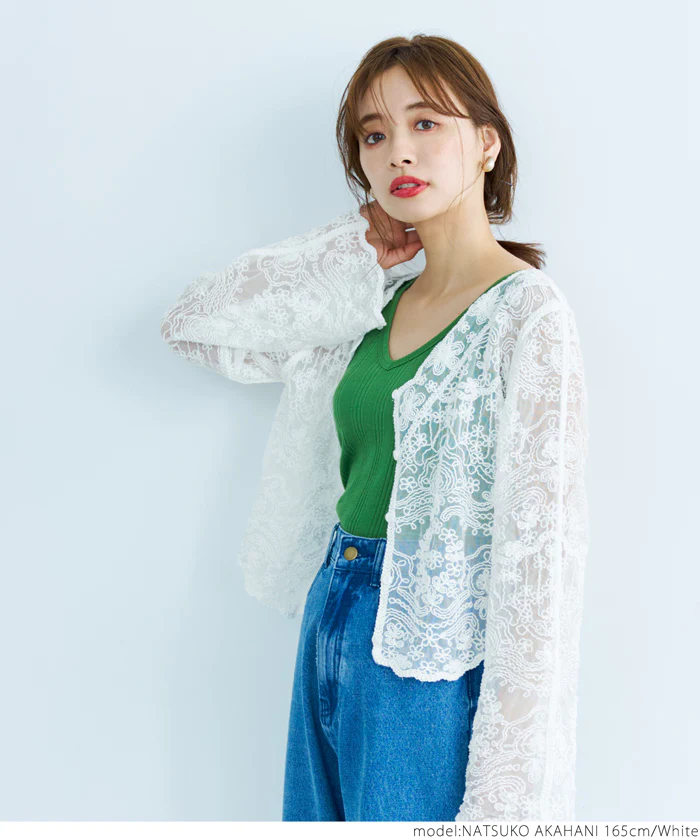 日本 COCA - 透明感蕾絲花朵薄外套/罩衫-白