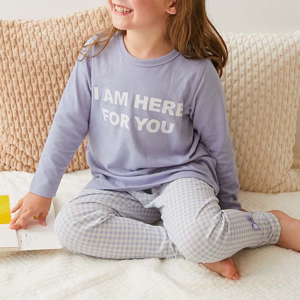 100%棉 高腰長袖家居服套裝(女孩款)-英文格子-藍紫