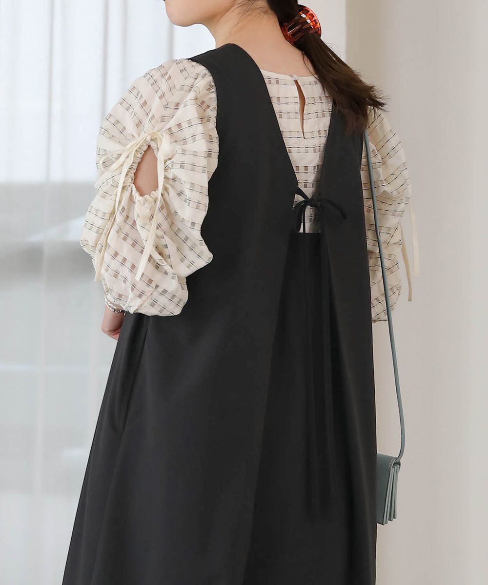 日本 Bab - 甜美格紋抽繩澎澎袖上衣-米杏