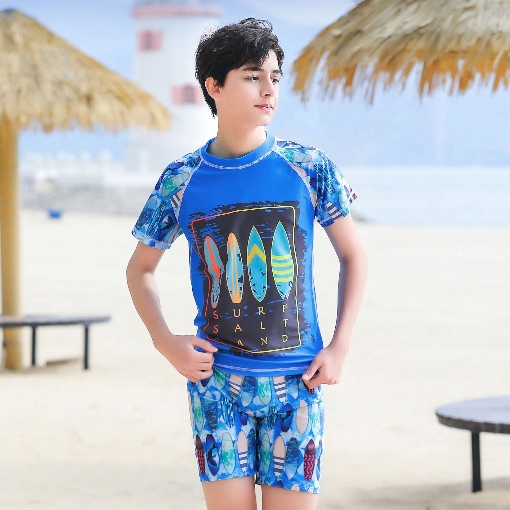 大童男孩短袖泳衣套裝(二件組)-衝浪板-藍色-泳衣、泳褲