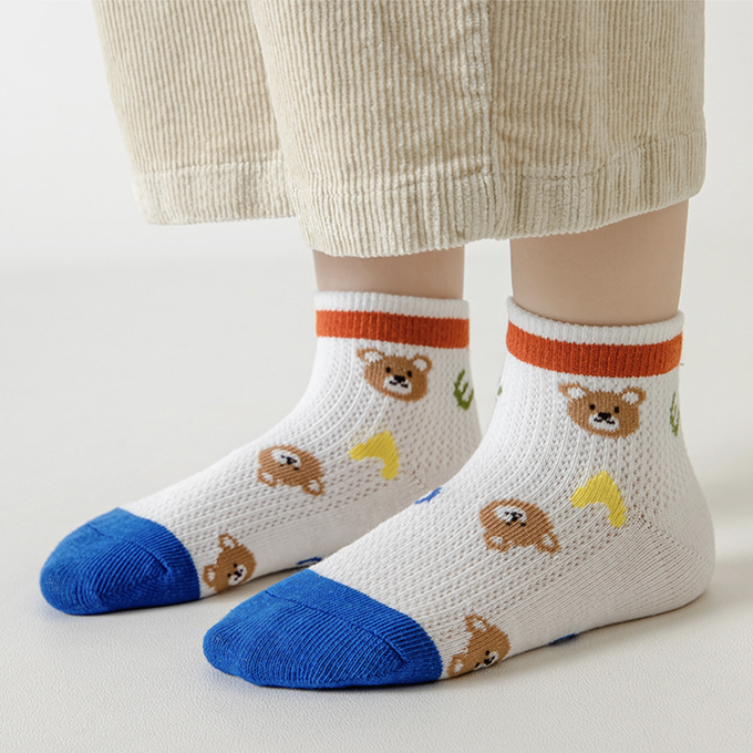 love, charlotte - 小熊字母點膠室內防滑網眼短筒棉襪-5 雙一組