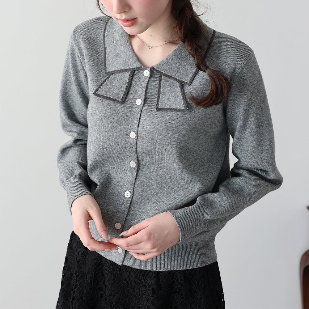 甜美蝴蝶結勾邊領針織上衣開襟衫-灰 (M)