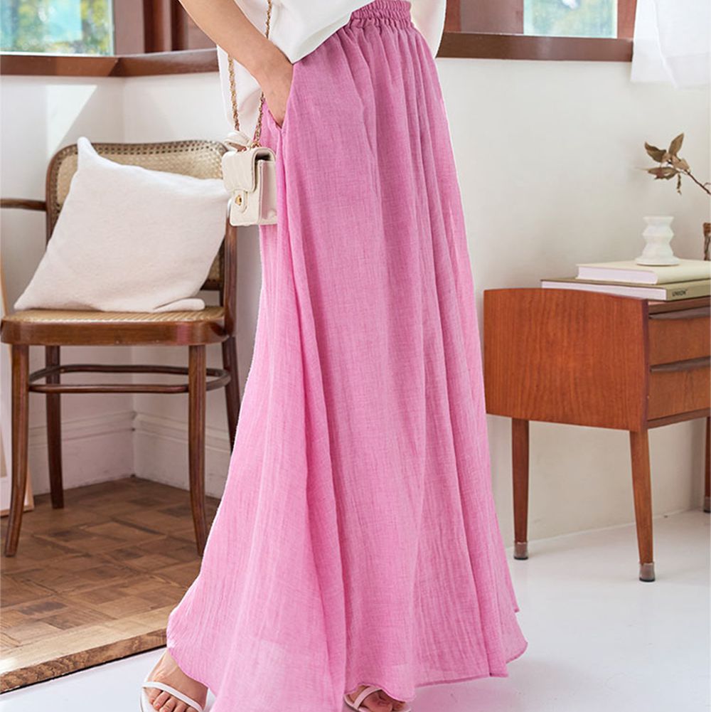 仙氣飄逸感亞麻混紡寬褲-桃粉