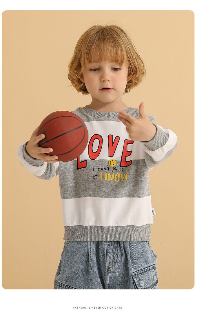 童趣圓領條紋長袖上衣-LOVE-灰色