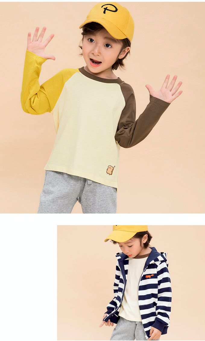 Minizone - 培根蛋吐司撞色長袖T恤-藍色