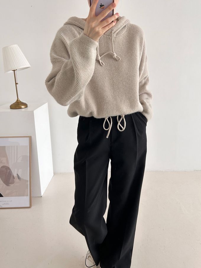 韓國女裝連線 - 連帽抽繩長袖針織上衣-米白 (FREE)